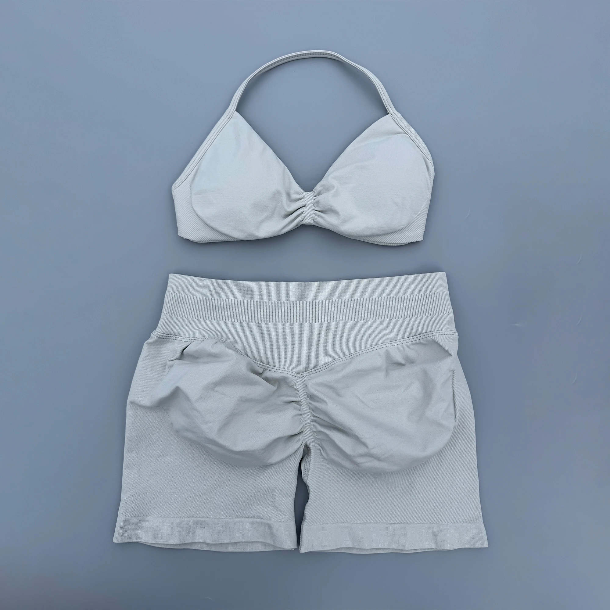 2 Piece Sports Gym Set Strappy Bra Ruched Backless Halter Push Up Yoga Scrunch Shorts Running Sportswear Woman Seamless Yoga Set