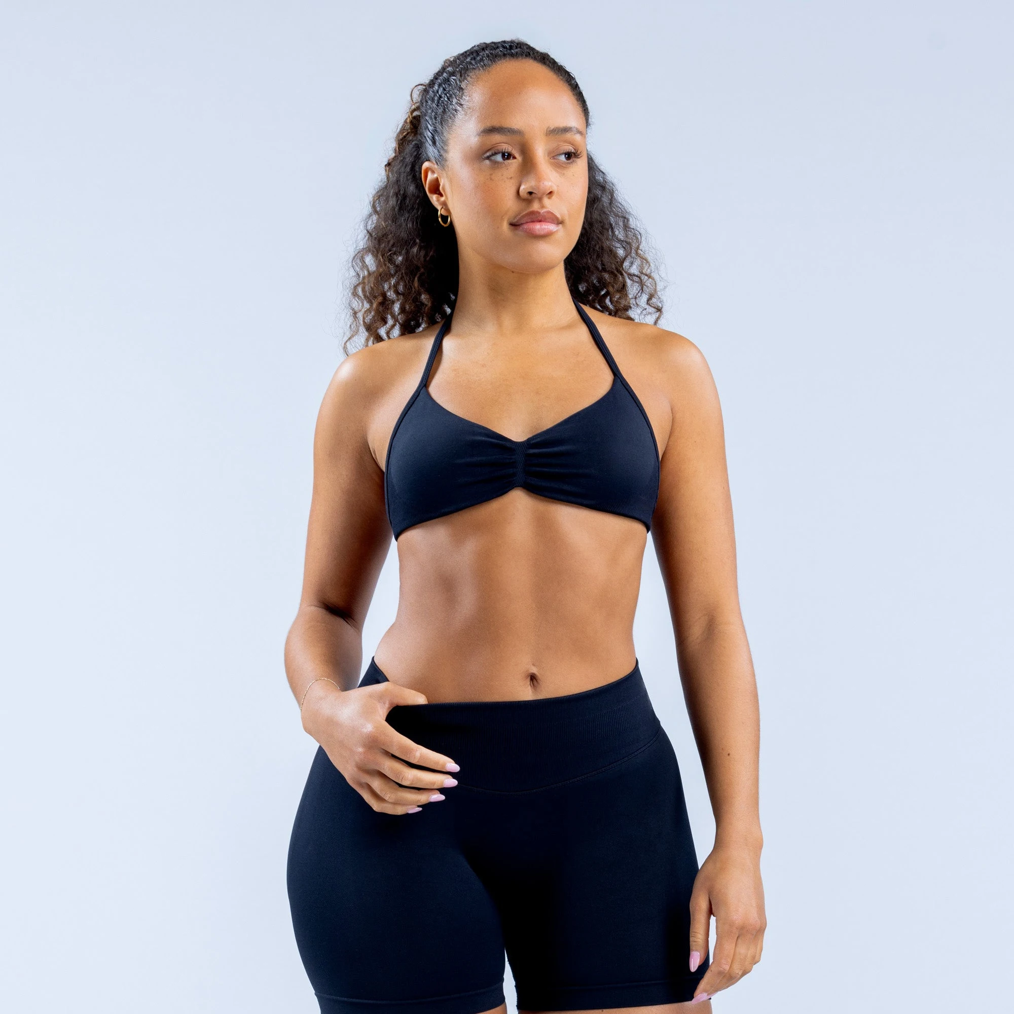 2 Piece Sports Gym Set Strappy Bra Ruched Backless Halter Push Up Yoga Scrunch Shorts Running Sportswear Woman Seamless Yoga Set