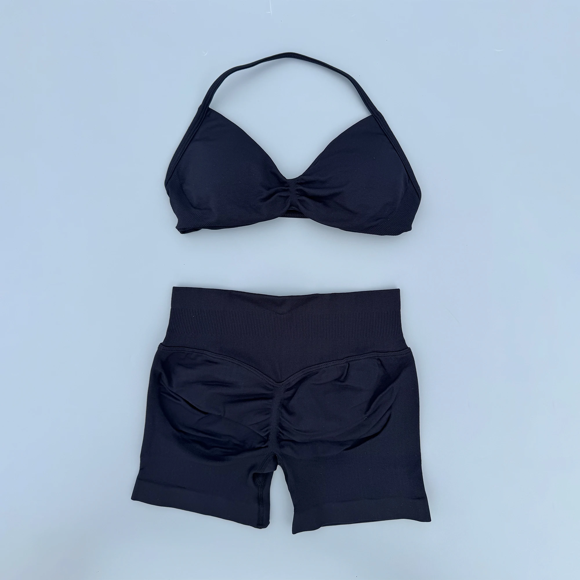 2 Piece Sports Gym Set Strappy Bra Ruched Backless Halter Push Up Yoga Scrunch Shorts Running Sportswear Woman Seamless Yoga Set