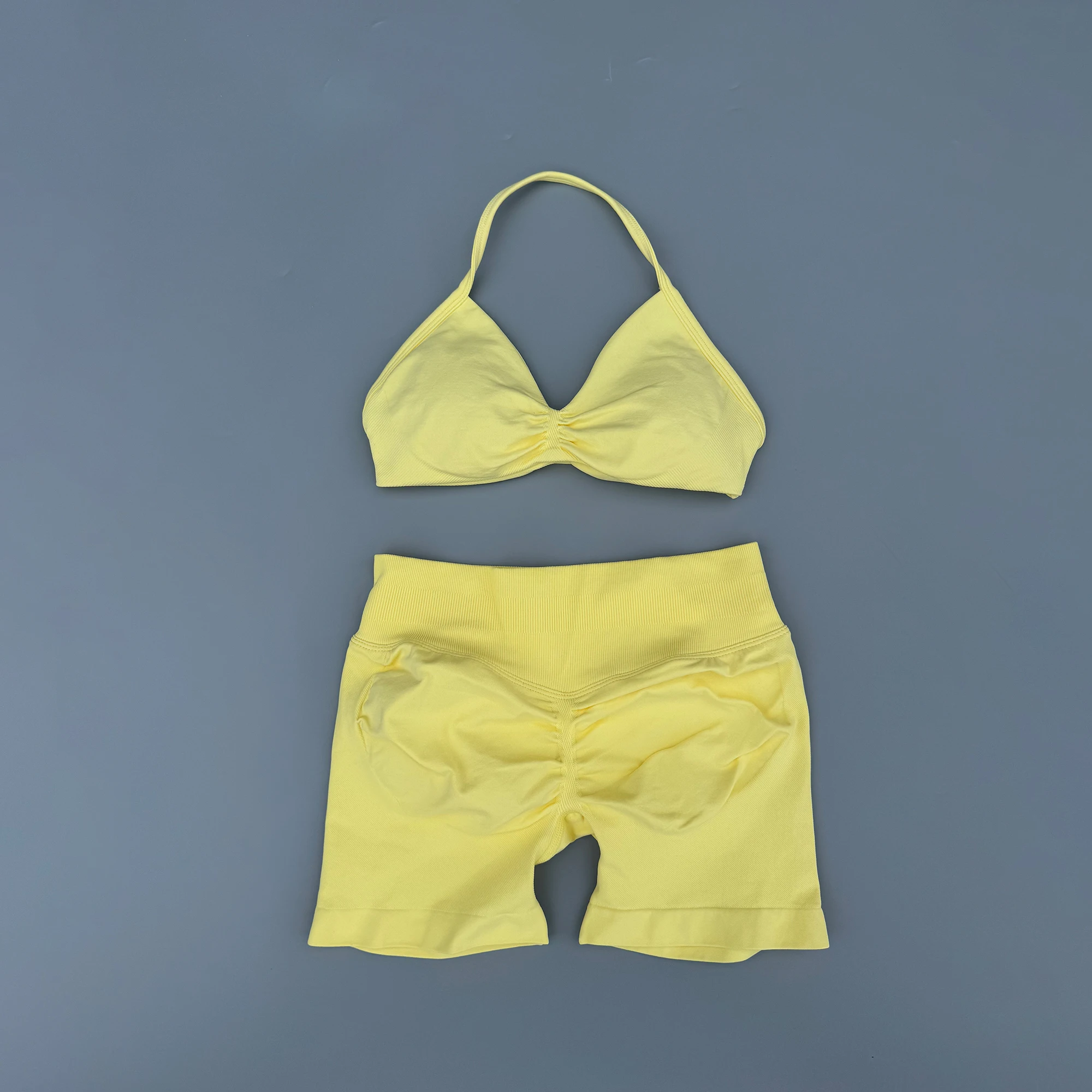 2 Piece Sports Gym Set Strappy Bra Ruched Backless Halter Push Up Yoga Scrunch Shorts Running Sportswear Woman Seamless Yoga Set