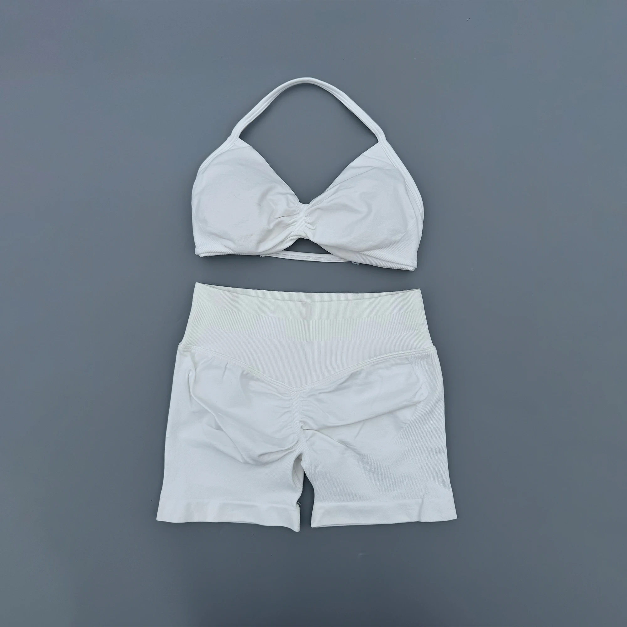 2 Piece Sports Gym Set Strappy Bra Ruched Backless Halter Push Up Yoga Scrunch Shorts Running Sportswear Woman Seamless Yoga Set