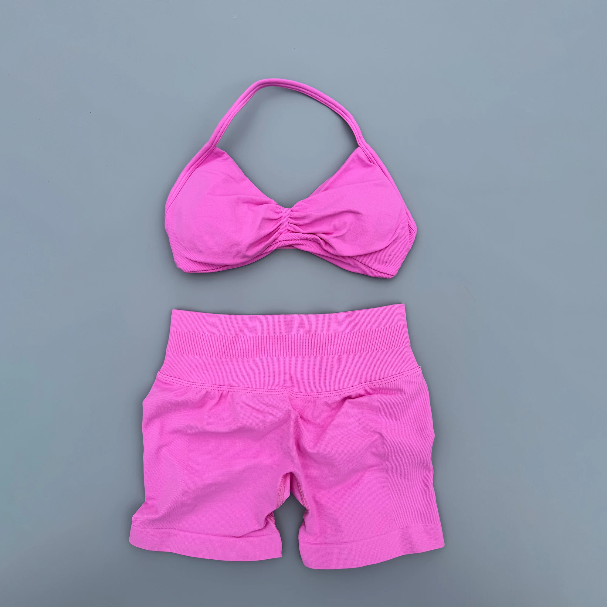 2 Piece Sports Gym Set Strappy Bra Ruched Backless Halter Push Up Yoga Scrunch Shorts Running Sportswear Woman Seamless Yoga Set
