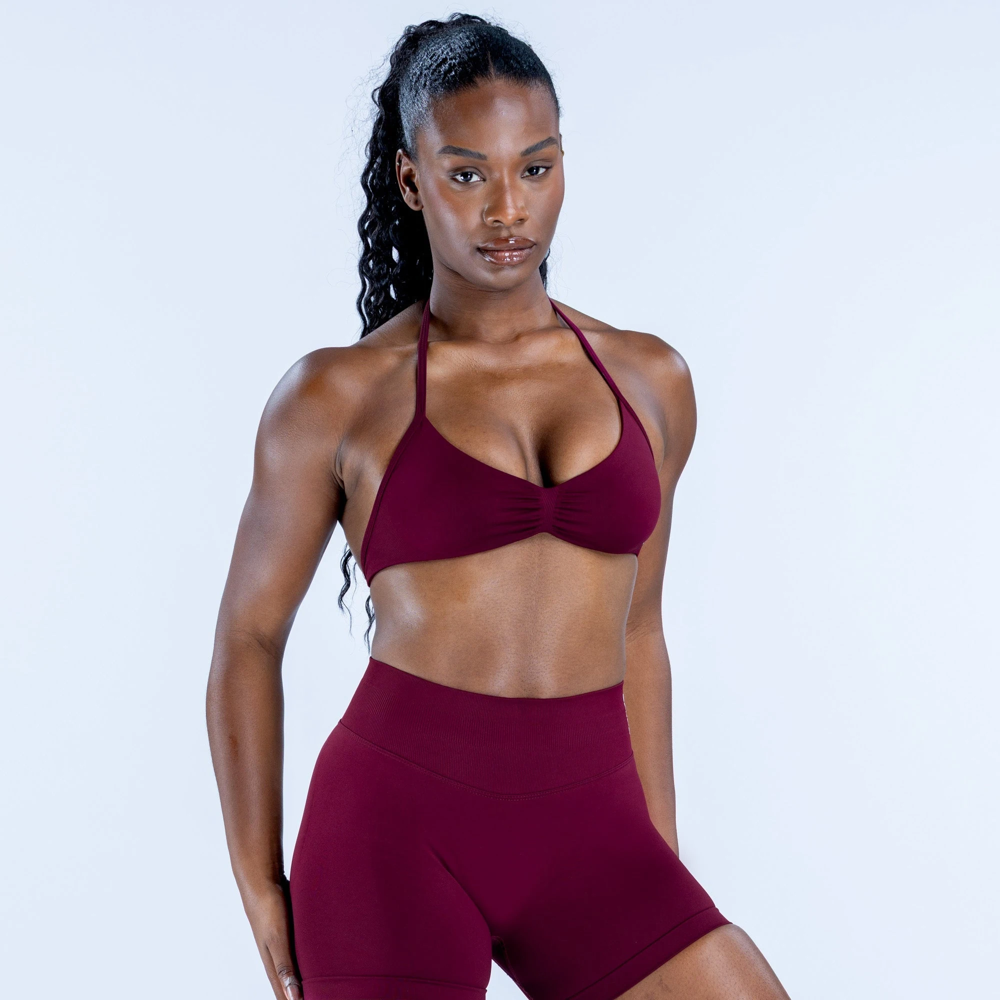 2 Piece Sports Gym Set Strappy Bra Ruched Backless Halter Push Up Yoga Scrunch Shorts Running Sportswear Woman Seamless Yoga Set