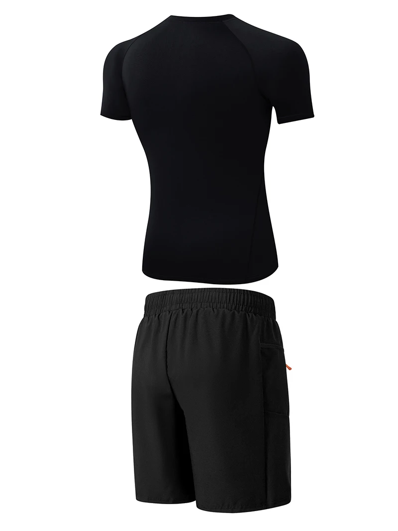 Mens Summer Casual Sport Surfing Suit 2 Piece Set Quick Dry Short Sleeve Rash Guard Board Shorts with Zipper Pocket Mesh Liner