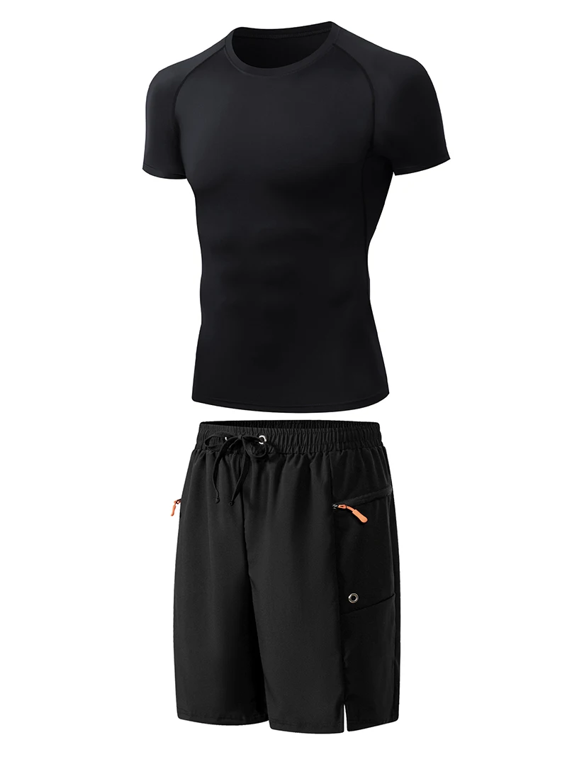 Mens Summer Casual Sport Surfing Suit 2 Piece Set Quick Dry Short Sleeve Rash Guard Board Shorts with Zipper Pocket Mesh Liner