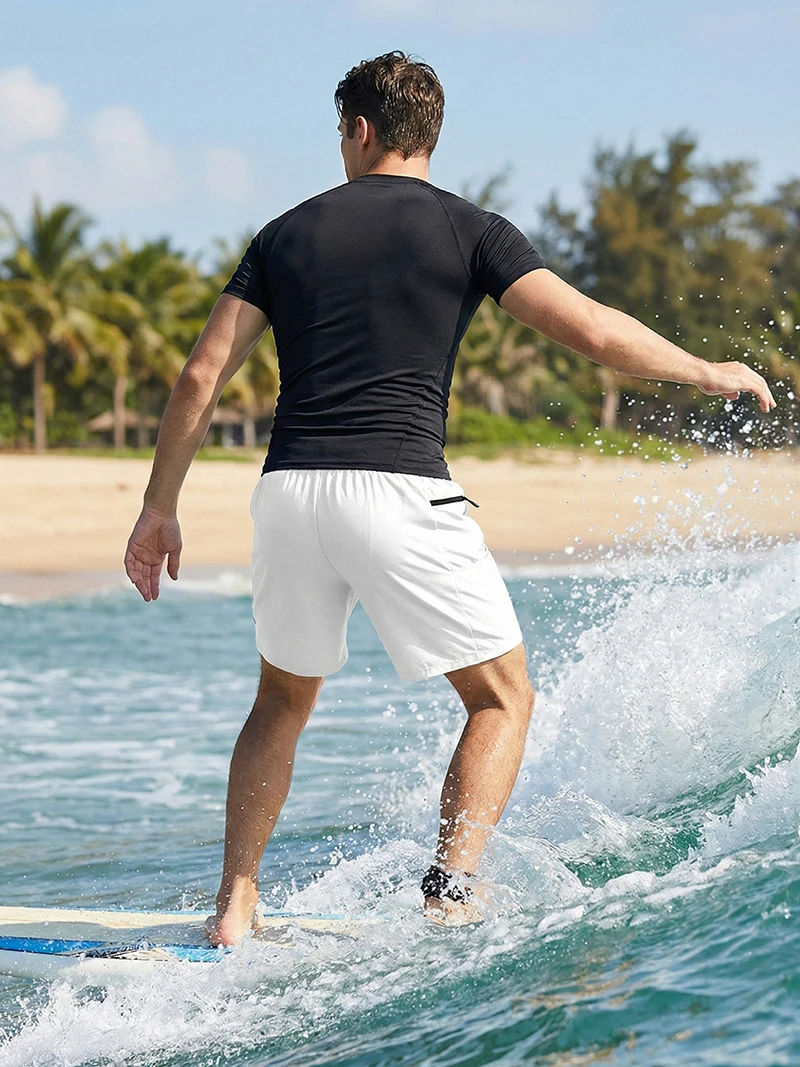 Mens Summer Casual Sport Surfing Suit 2 Piece Set Quick Dry Short Sleeve Rash Guard Board Shorts with Zipper Pocket Mesh Liner