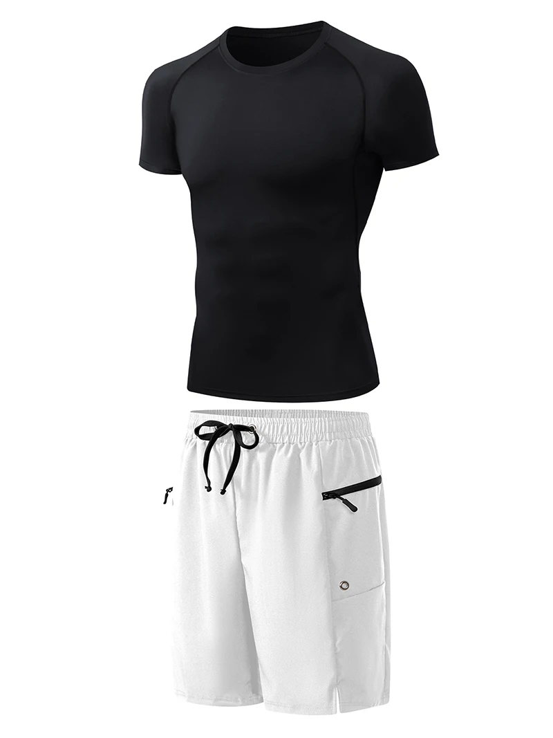 Mens Summer Casual Sport Surfing Suit 2 Piece Set Quick Dry Short Sleeve Rash Guard Board Shorts with Zipper Pocket Mesh Liner