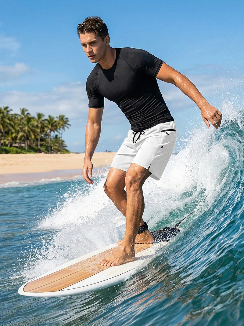Mens Summer Casual Sport Surfing Suit 2 Piece Set Quick Dry Short Sleeve Rash Guard Board Shorts with Zipper Pocket Mesh Liner