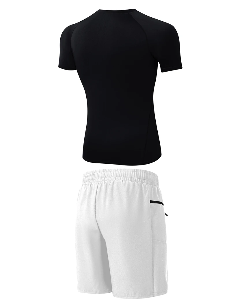 Mens Summer Casual Sport Surfing Suit 2 Piece Set Quick Dry Short Sleeve Rash Guard Board Shorts with Zipper Pocket Mesh Liner