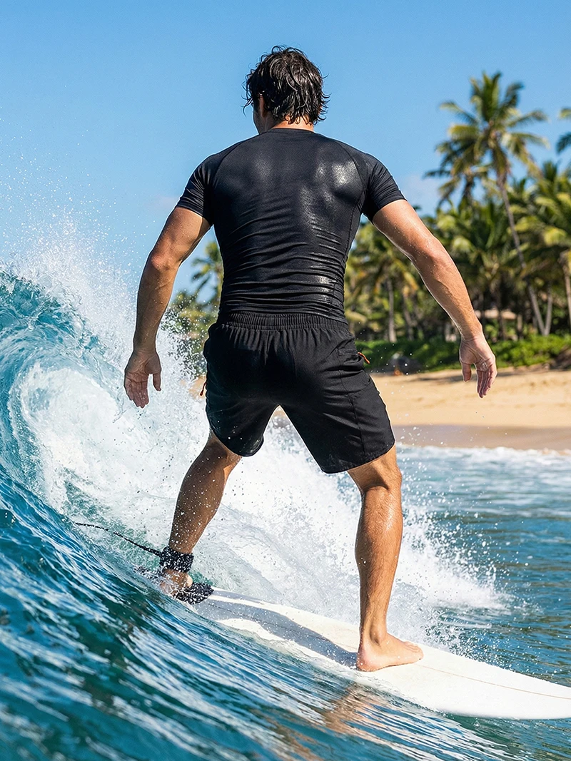 Mens Summer Casual Sport Surfing Suit 2 Piece Set Quick Dry Short Sleeve Rash Guard Board Shorts with Zipper Pocket Mesh Liner