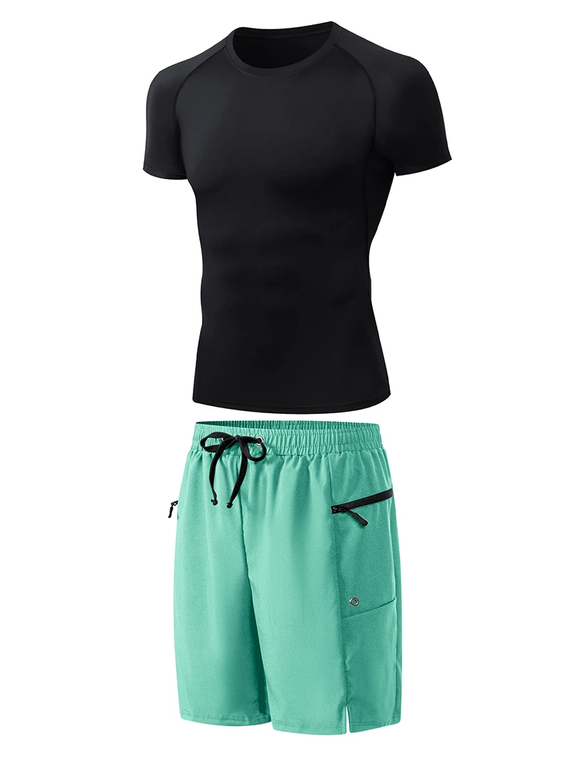 Mens Summer Casual Sport Surfing Suit 2 Piece Set Quick Dry Short Sleeve Rash Guard Board Shorts with Zipper Pocket Mesh Liner