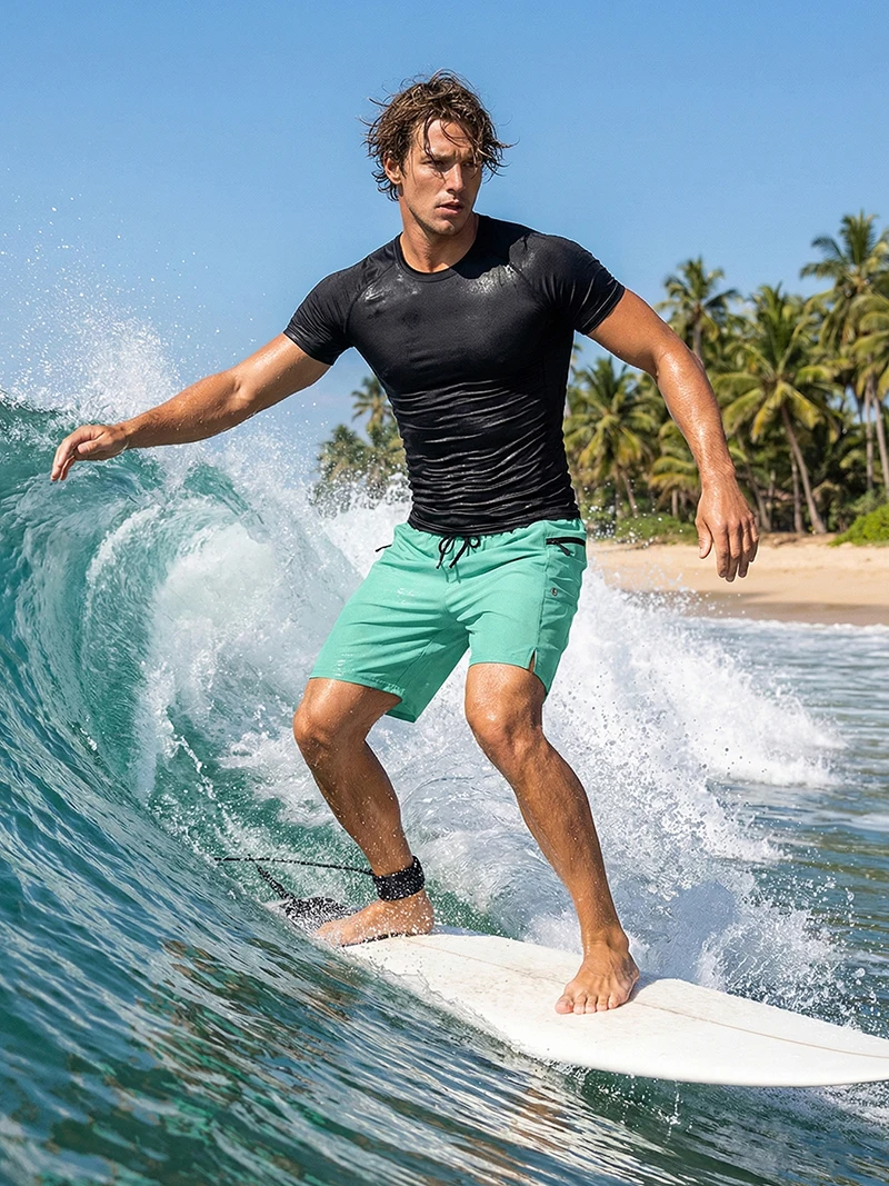 Mens Summer Casual Sport Surfing Suit 2 Piece Set Quick Dry Short Sleeve Rash Guard Board Shorts with Zipper Pocket Mesh Liner