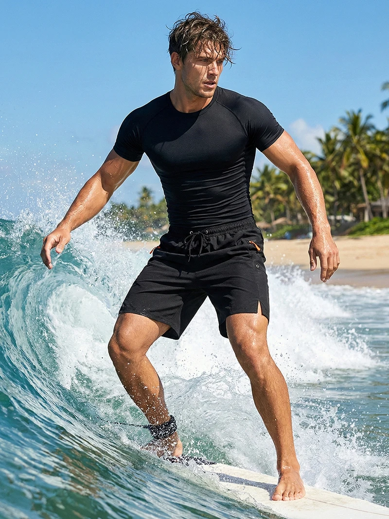 Mens Summer Casual Sport Surfing Suit 2 Piece Set Quick Dry Short Sleeve Rash Guard Board Shorts with Zipper Pocket Mesh Liner