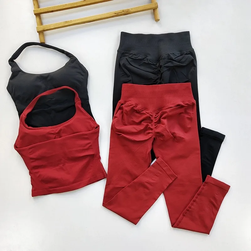 Halter Top Yoga Fitness Workout Set Women's Professional Training Pilates Peach Hip-Lifting Pants Sportswear