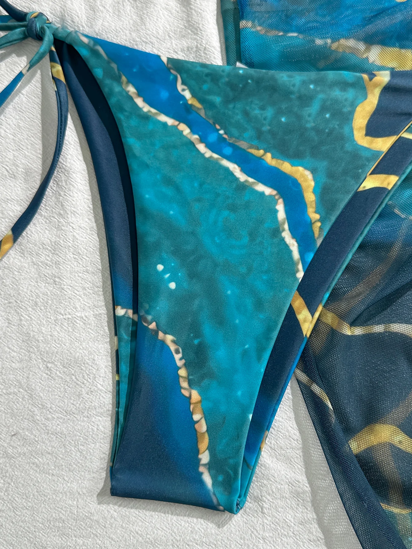 Women's Three-Piece Swimsuit Set, Blue Marble Print Sexy Bikini with Tie-Up Triangle Top, Tie-Up Triangle Bottoms, Mesh Skirt, Wrap Skirt, Beach Swimwear