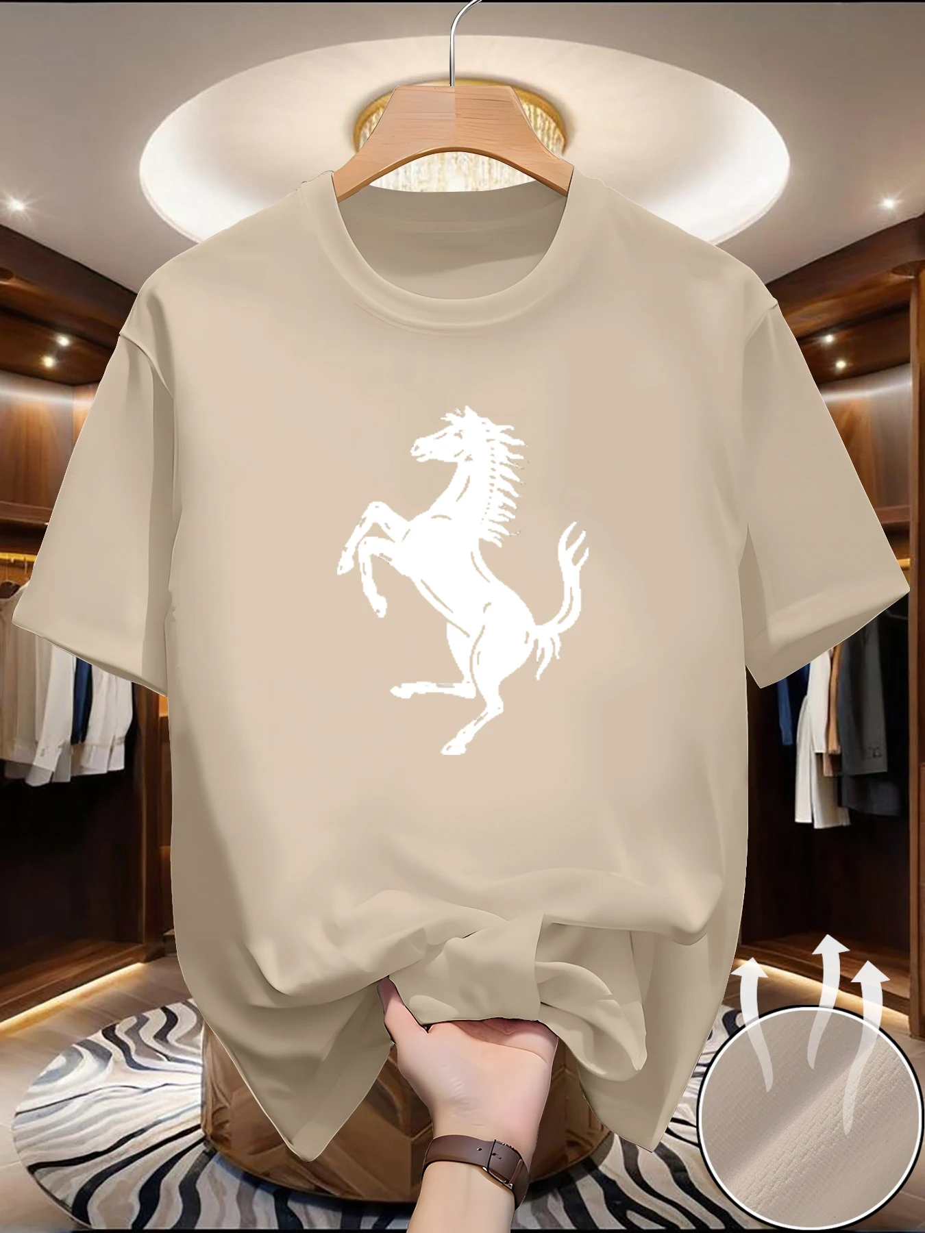 Men's summer breathable quick drying fashionable casual loose horse pattern letter printed round neck short sleeved T-shirt