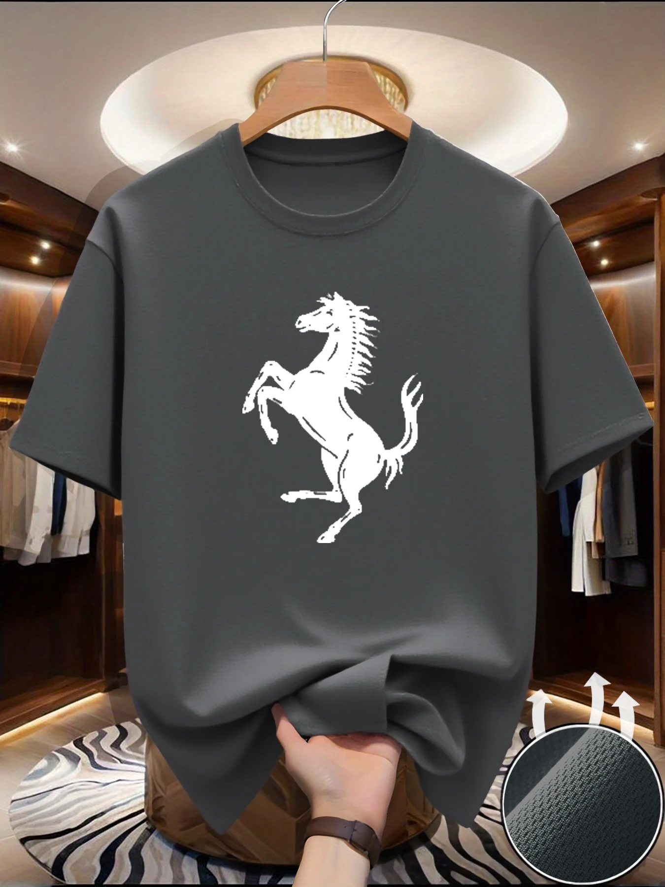 Men's summer breathable quick drying fashionable casual loose horse pattern letter printed round neck short sleeved T-shirt