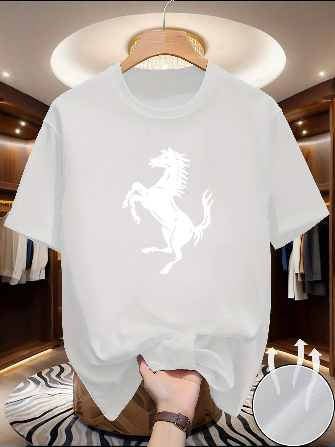 Men's summer breathable quick drying fashionable casual loose horse pattern letter printed round neck short sleeved T-shirt