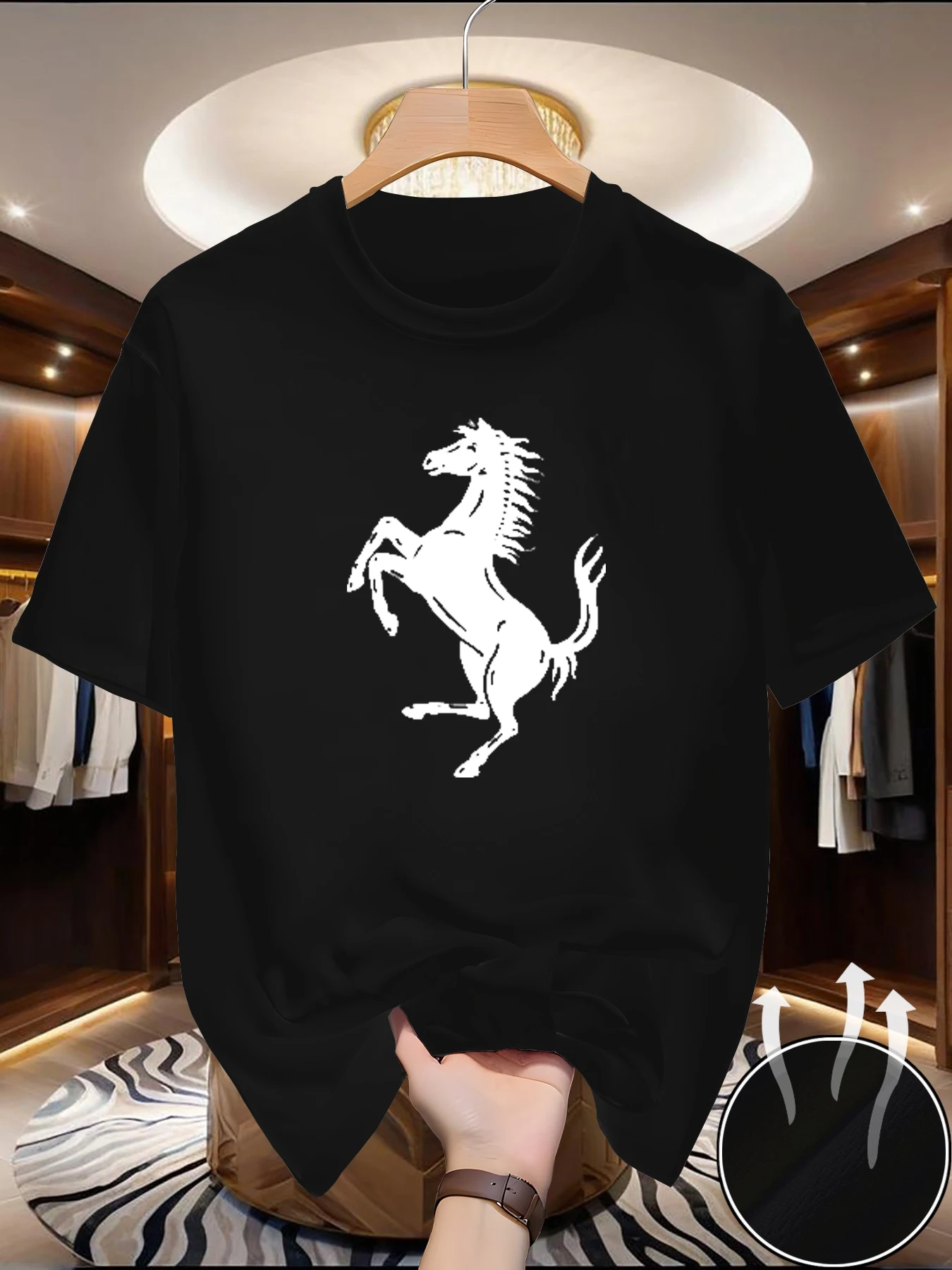 Men's summer breathable quick drying fashionable casual loose horse pattern letter printed round neck short sleeved T-shirt