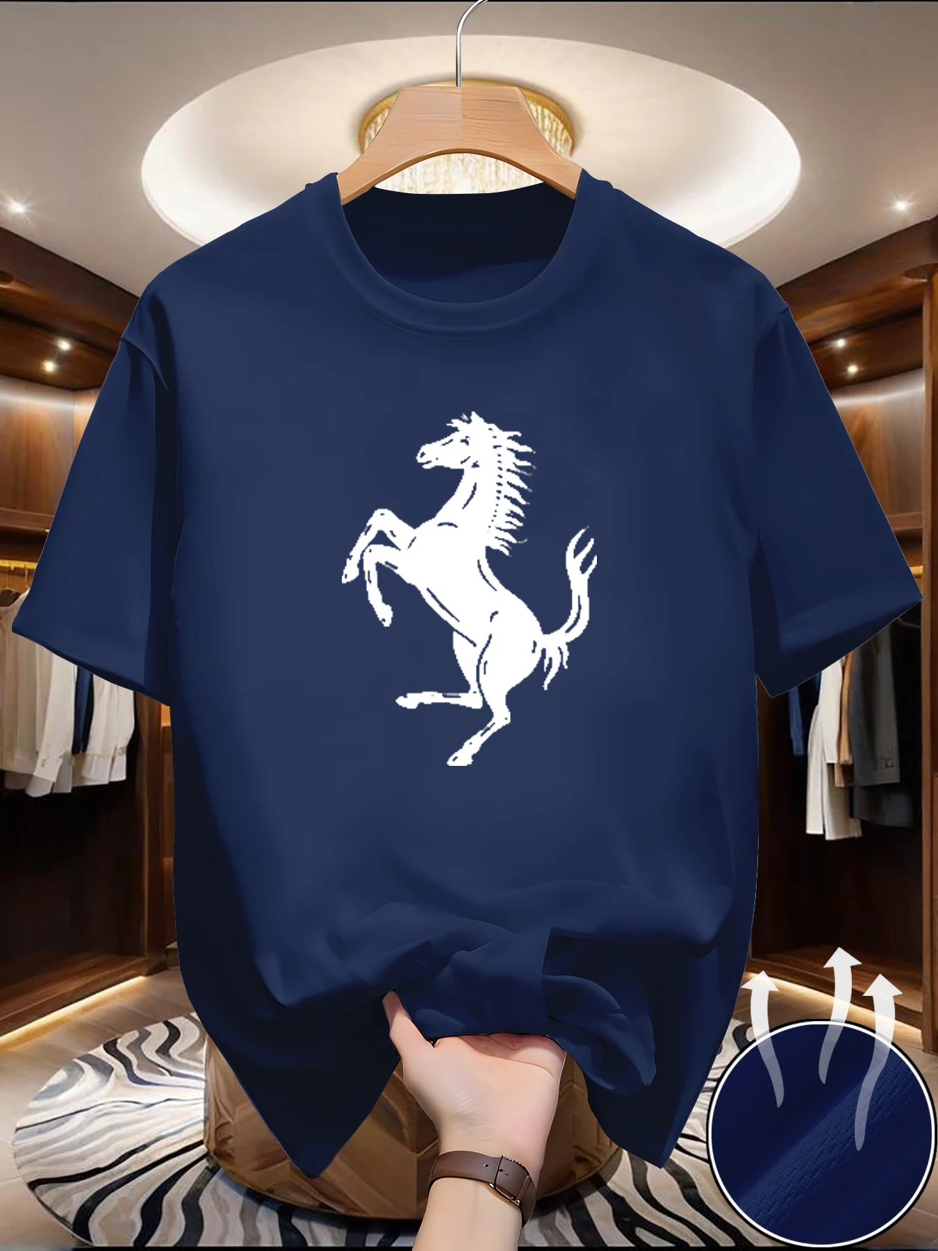 Men's summer breathable quick drying fashionable casual loose horse pattern letter printed round neck short sleeved T-shirt