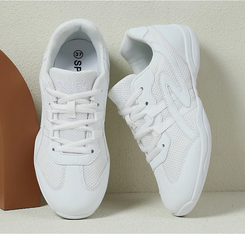 White Cheerleading Dance Shoes for Women Men Non-Slip Flexible Sole Breathable Mesh Athletic Training Sneakers for Gymnastics