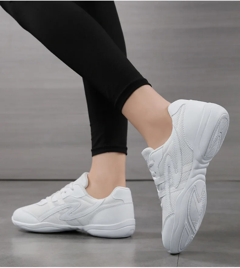 White Cheerleading Dance Shoes for Women Men Non-Slip Flexible Sole Breathable Mesh Athletic Training Sneakers for Gymnastics