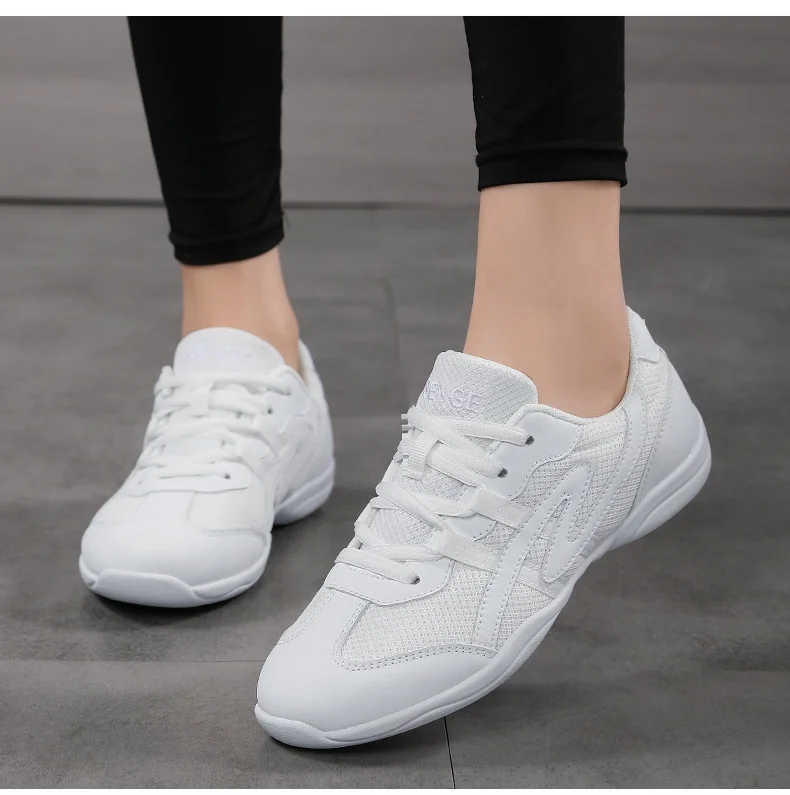 White Cheerleading Dance Shoes for Women Men Non-Slip Flexible Sole Breathable Mesh Athletic Training Sneakers for Gymnastics