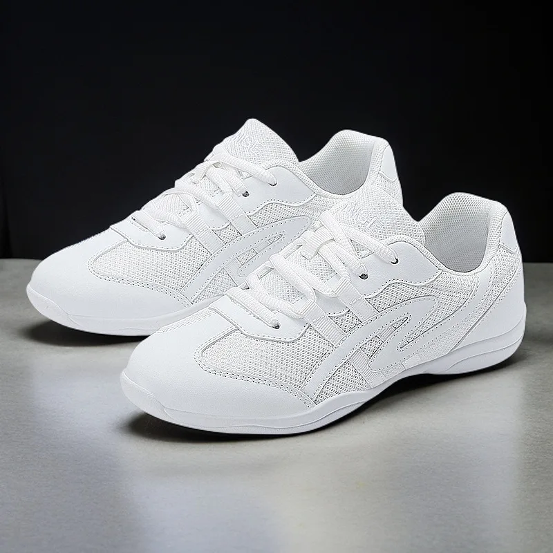 White Cheerleading Dance Shoes for Women Men Non-Slip Flexible Sole Breathable Mesh Athletic Training Sneakers for Gymnastics