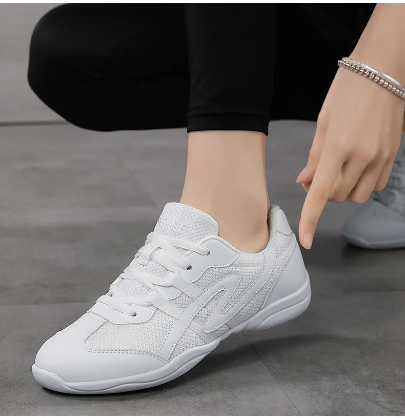 White Cheerleading Dance Shoes for Women Men Non-Slip Flexible Sole Breathable Mesh Athletic Training Sneakers for Gymnastics