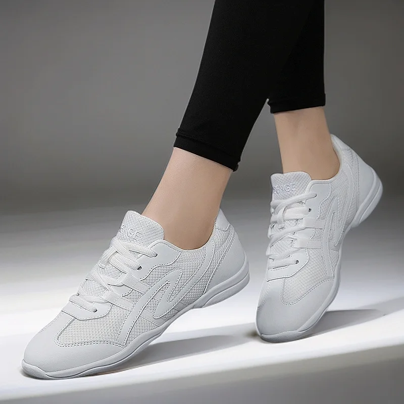 White Cheerleading Dance Shoes for Women Men Non-Slip Flexible Sole Breathable Mesh Athletic Training Sneakers for Gymnastics