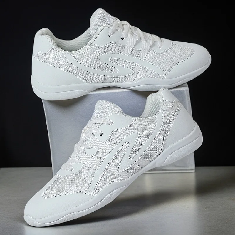 White Cheerleading Dance Shoes for Women Men Non-Slip Flexible Sole Breathable Mesh Athletic Training Sneakers for Gymnastics