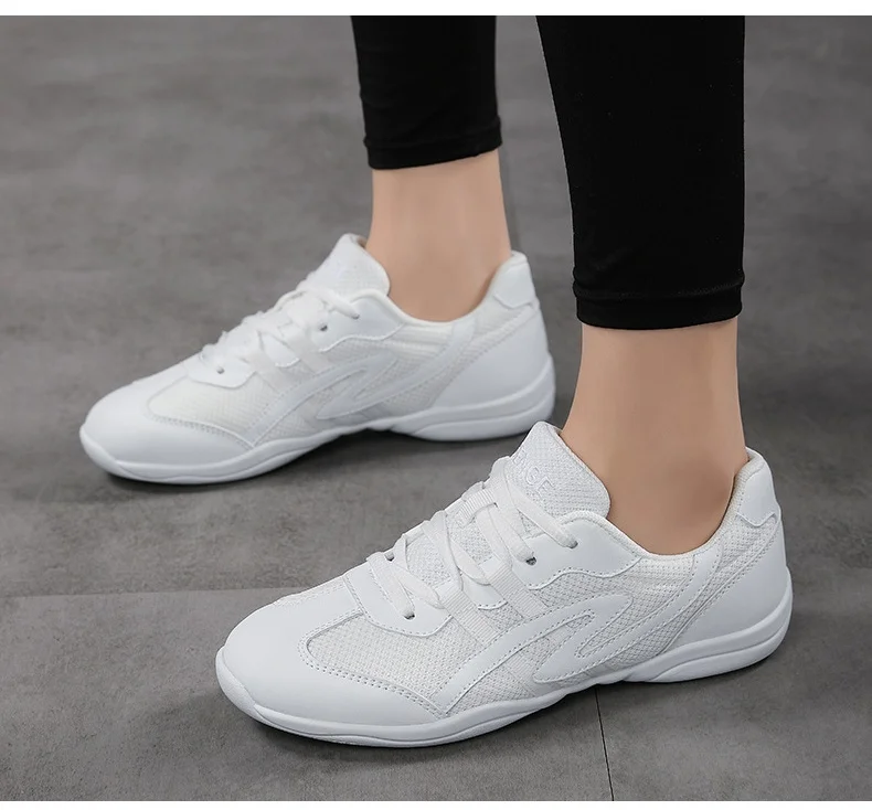 White Cheerleading Dance Shoes for Women Men Non-Slip Flexible Sole Breathable Mesh Athletic Training Sneakers for Gymnastics