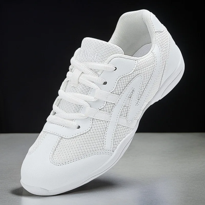 White Cheerleading Dance Shoes for Women Men Non-Slip Flexible Sole Breathable Mesh Athletic Training Sneakers for Gymnastics