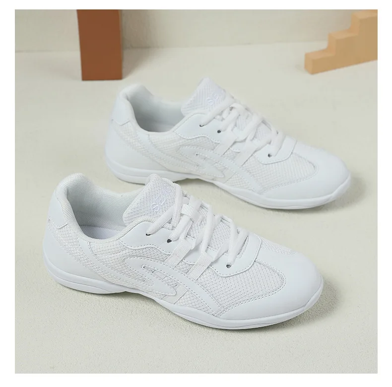 White Cheerleading Dance Shoes for Women Men Non-Slip Flexible Sole Breathable Mesh Athletic Training Sneakers for Gymnastics