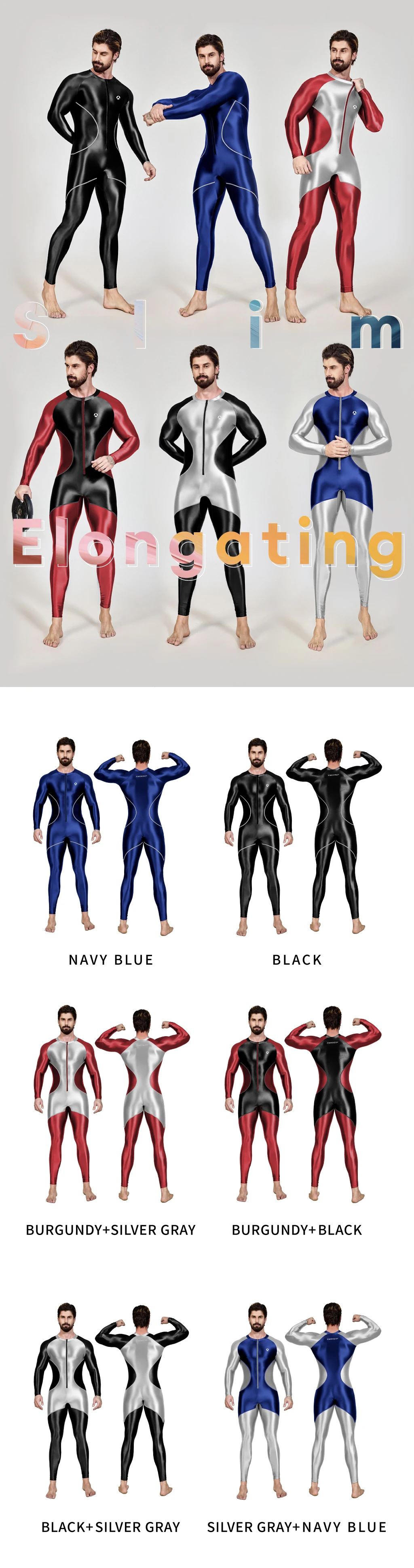 AMORESY Men's Color-block Sport Long-Sleeved Jumpsuit Tight-Fitting Spandex Swimsuit Swimwear Catsuit Overall Playsuits