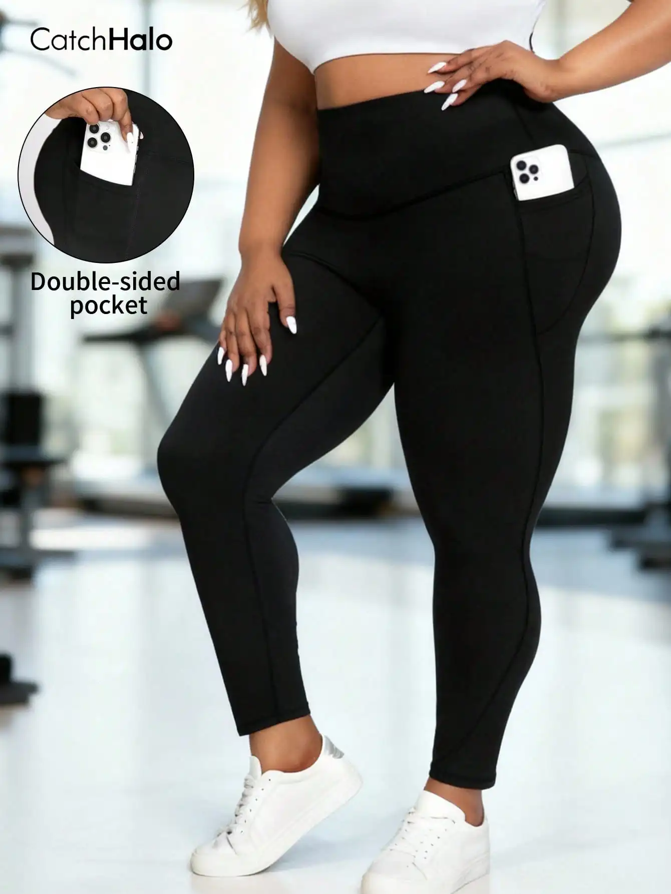 Plus Size Women Yoga Leggings With Pockets Black Compression Ultra Stretch High Waist Tummy Control Gym Workout Tights