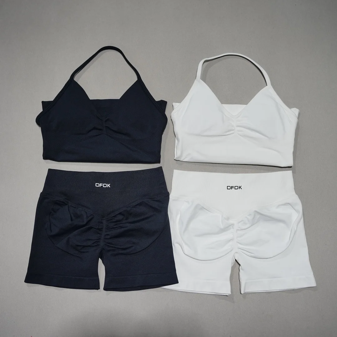 DFDK Women's 2Pcs Workout Set, Backless Yoga Vest, High Waist Seamless Tight Shorts, Gym Fitness Activewear