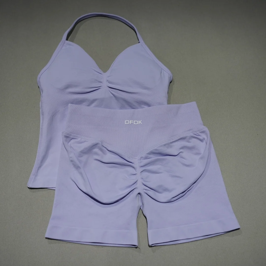 DFDK Women's 2Pcs Workout Set, Backless Yoga Vest, High Waist Seamless Tight Shorts, Gym Fitness Activewear