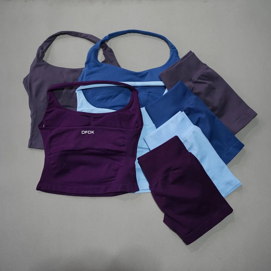 DFDK Women's 2Pcs Workout Set, Backless Yoga Vest, High Waist Seamless Tight Shorts, Gym Fitness Activewear
