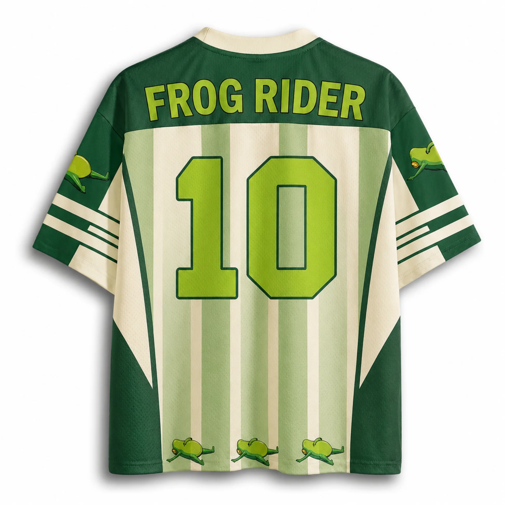 Funny Frog Rider Goose Number 10 Print V Neck Jersey Green Beige Vertical Stripe Color Cuff Casual Streetwear Sports Top