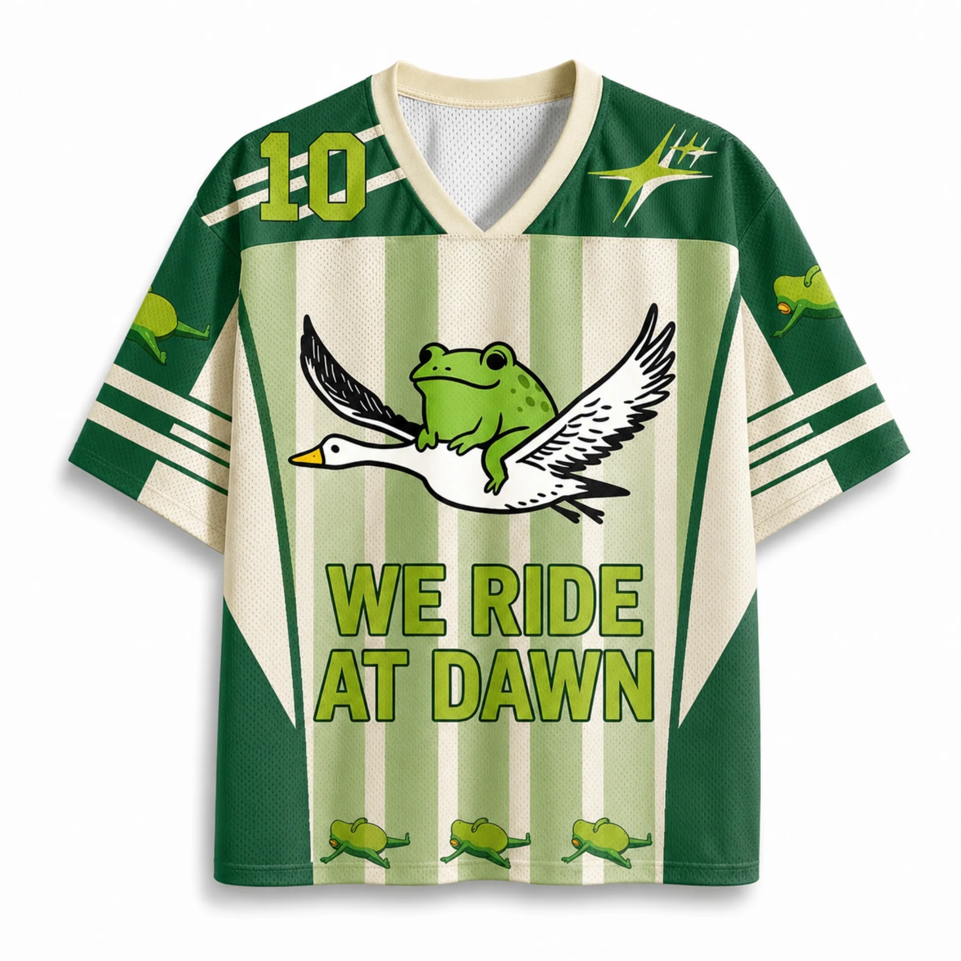 Funny Frog Rider Goose Number 10 Print V Neck Jersey Green Beige Vertical Stripe Color Cuff Casual Streetwear Sports Top