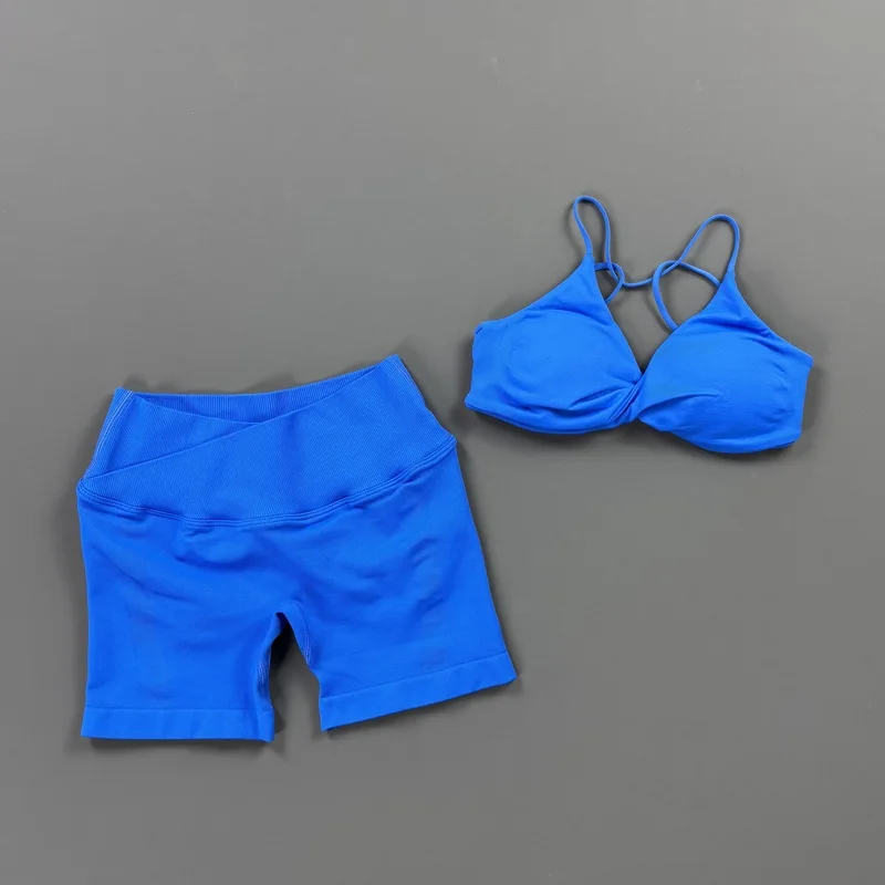 HISTELLO Vision Shorts Set Seamless Yoga Short Pants Suit Vision Twist Front Sports Bra Scrunch Butt Backless GYM Clothing