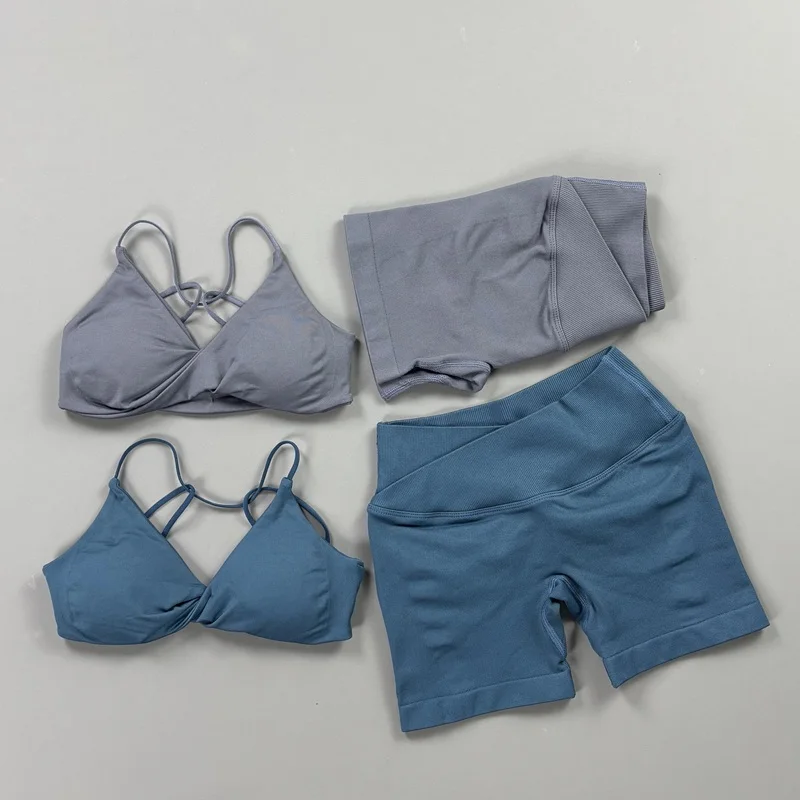 HISTELLO Vision Shorts Set Seamless Yoga Short Pants Suit Vision Twist Front Sports Bra Scrunch Butt Backless GYM Clothing