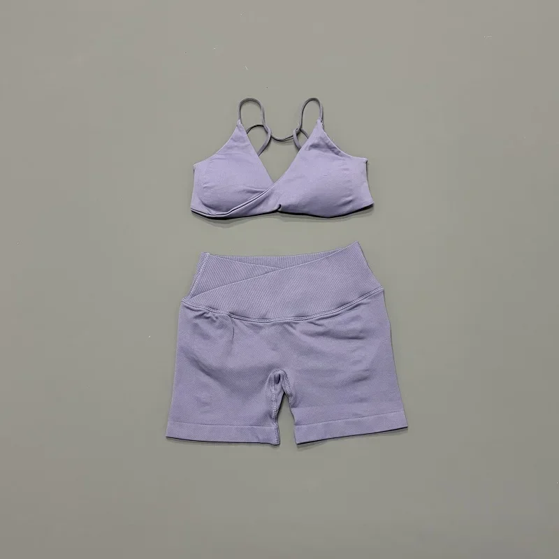 HISTELLO Vision Shorts Set Seamless Yoga Short Pants Suit Vision Twist Front Sports Bra Scrunch Butt Backless GYM Clothing