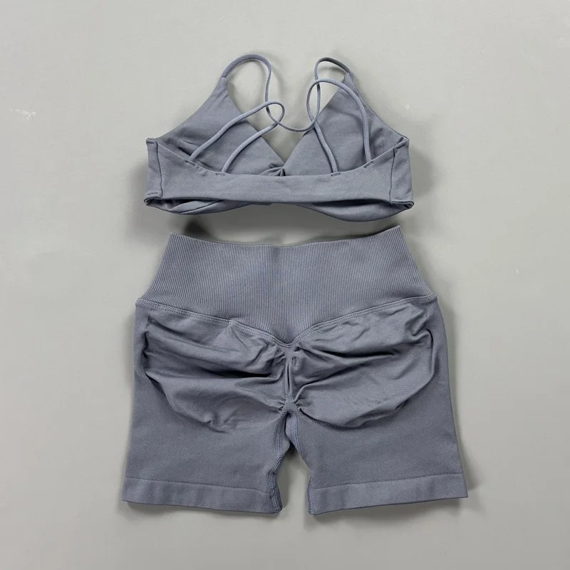 HISTELLO Vision Shorts Set Seamless Yoga Short Pants Suit Vision Twist Front Sports Bra Scrunch Butt Backless GYM Clothing