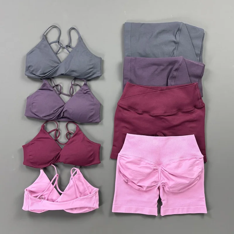 HISTELLO Vision Shorts Set Seamless Yoga Short Pants Suit Vision Twist Front Sports Bra Scrunch Butt Backless GYM Clothing