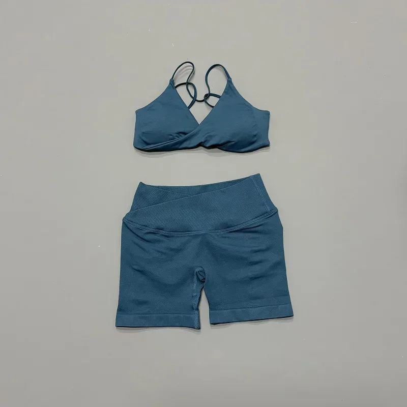 HISTELLO Vision Shorts Set Seamless Yoga Short Pants Suit Vision Twist Front Sports Bra Scrunch Butt Backless GYM Clothing