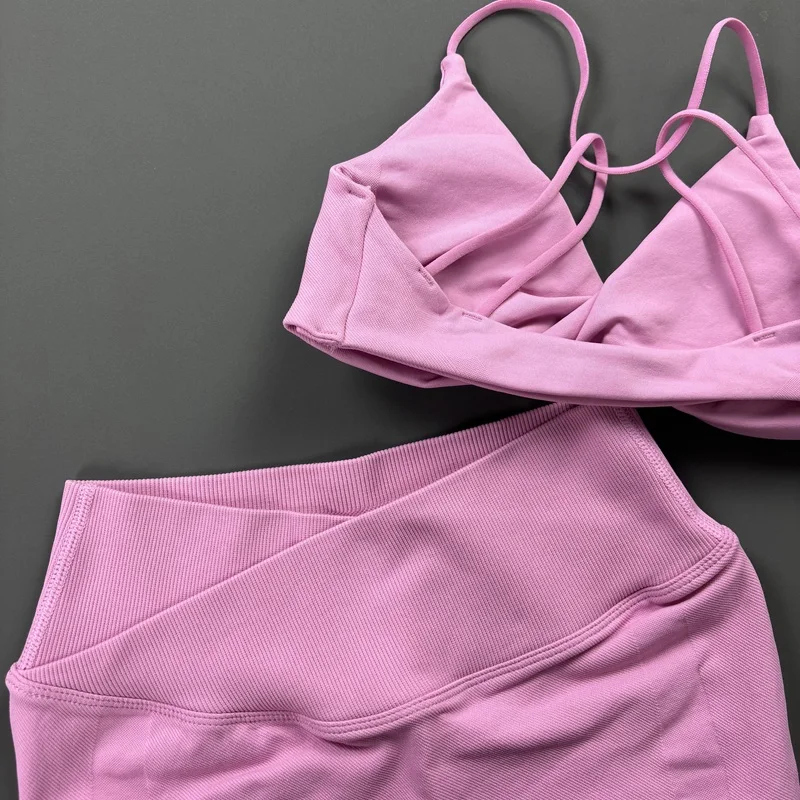 HISTELLO Vision Shorts Set Seamless Yoga Short Pants Suit Vision Twist Front Sports Bra Scrunch Butt Backless GYM Clothing