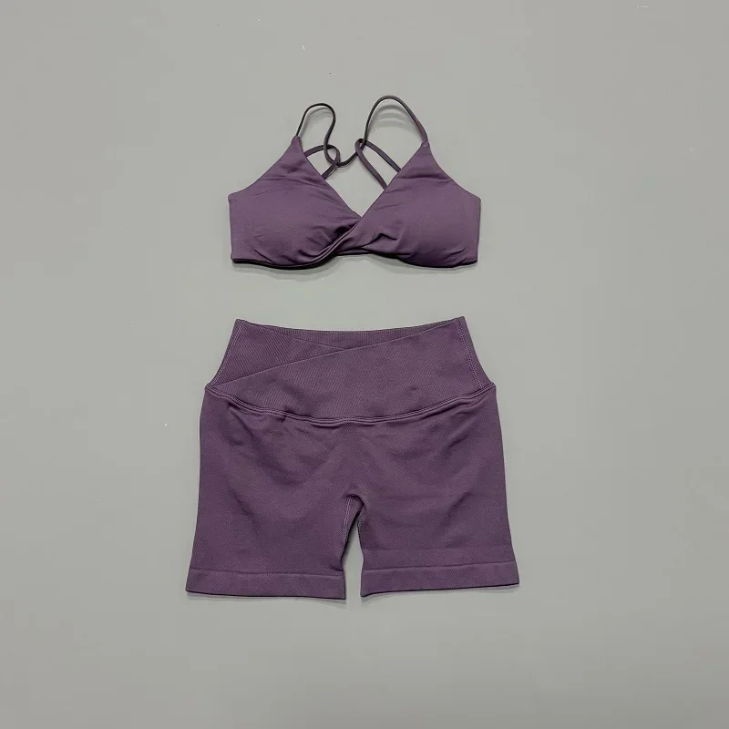 HISTELLO Vision Shorts Set Seamless Yoga Short Pants Suit Vision Twist Front Sports Bra Scrunch Butt Backless GYM Clothing
