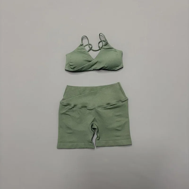 HISTELLO Vision Shorts Set Seamless Yoga Short Pants Suit Vision Twist Front Sports Bra Scrunch Butt Backless GYM Clothing